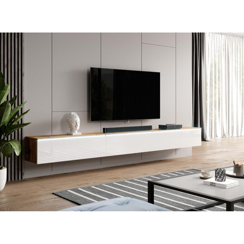 Furnix - Meuble tv debout / suspendu BARGO 300 (3x100) x 32 x 34 cm style contemporain chêne wotan mat / blanc brillant sans LED Furnix - Meuble TV suspendu Meubles TV, Hi-Fi