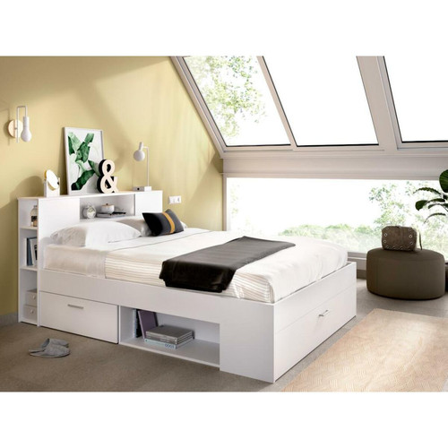 Vente-Unique - Lit avec tête de lit rangements et tiroirs - 140 x 190 cm - Coloris : Blanc + Sommier + Matelas - LEANDRE Vente-Unique - Lit paiement en plusieurs fois